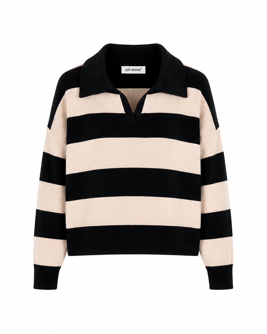 Pullover "gldCLAUDIA"mit Polokragen in schwarz beige