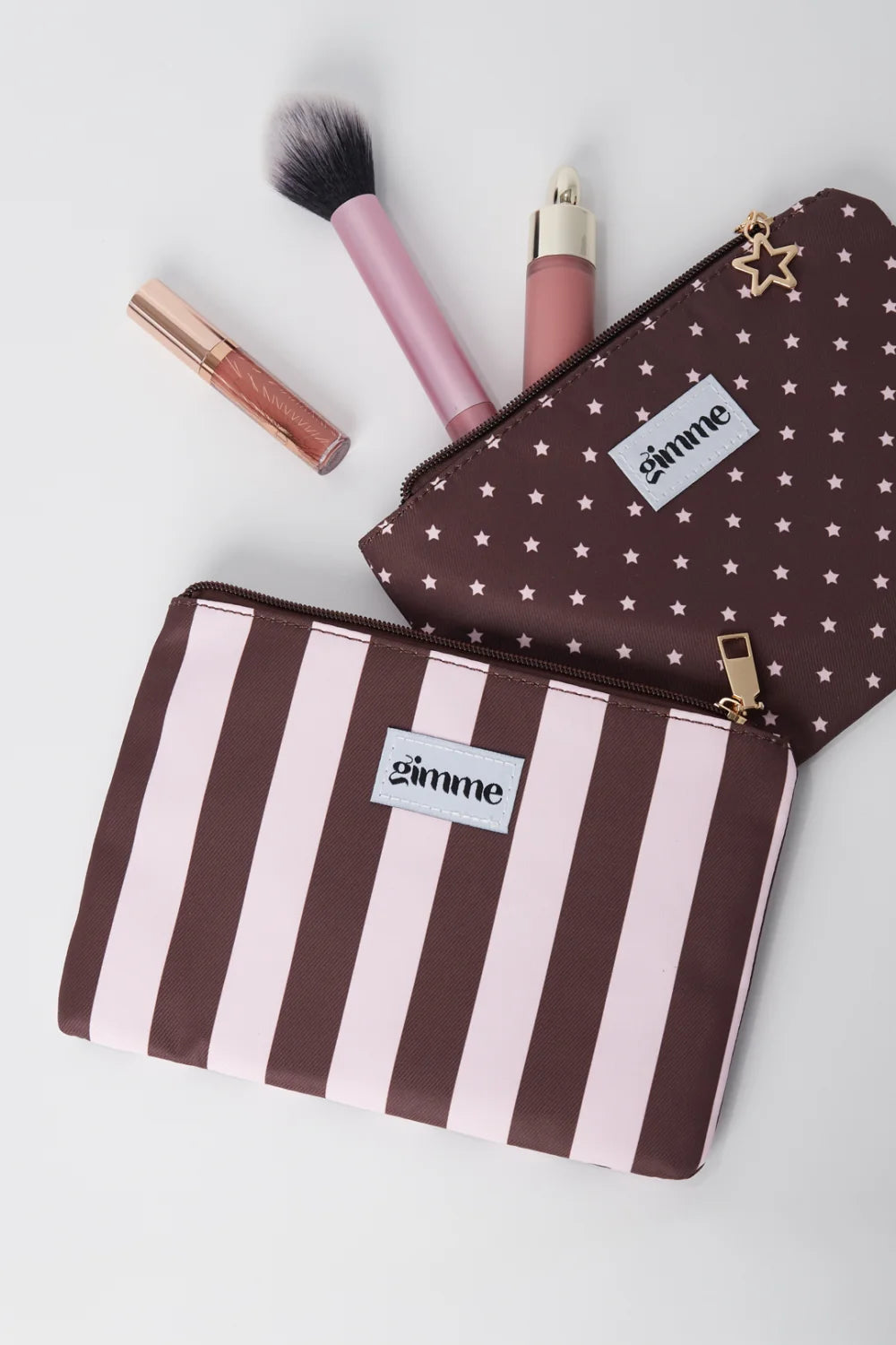Flache Make-up-Bag "gldSTRIPES" in braun/rosa