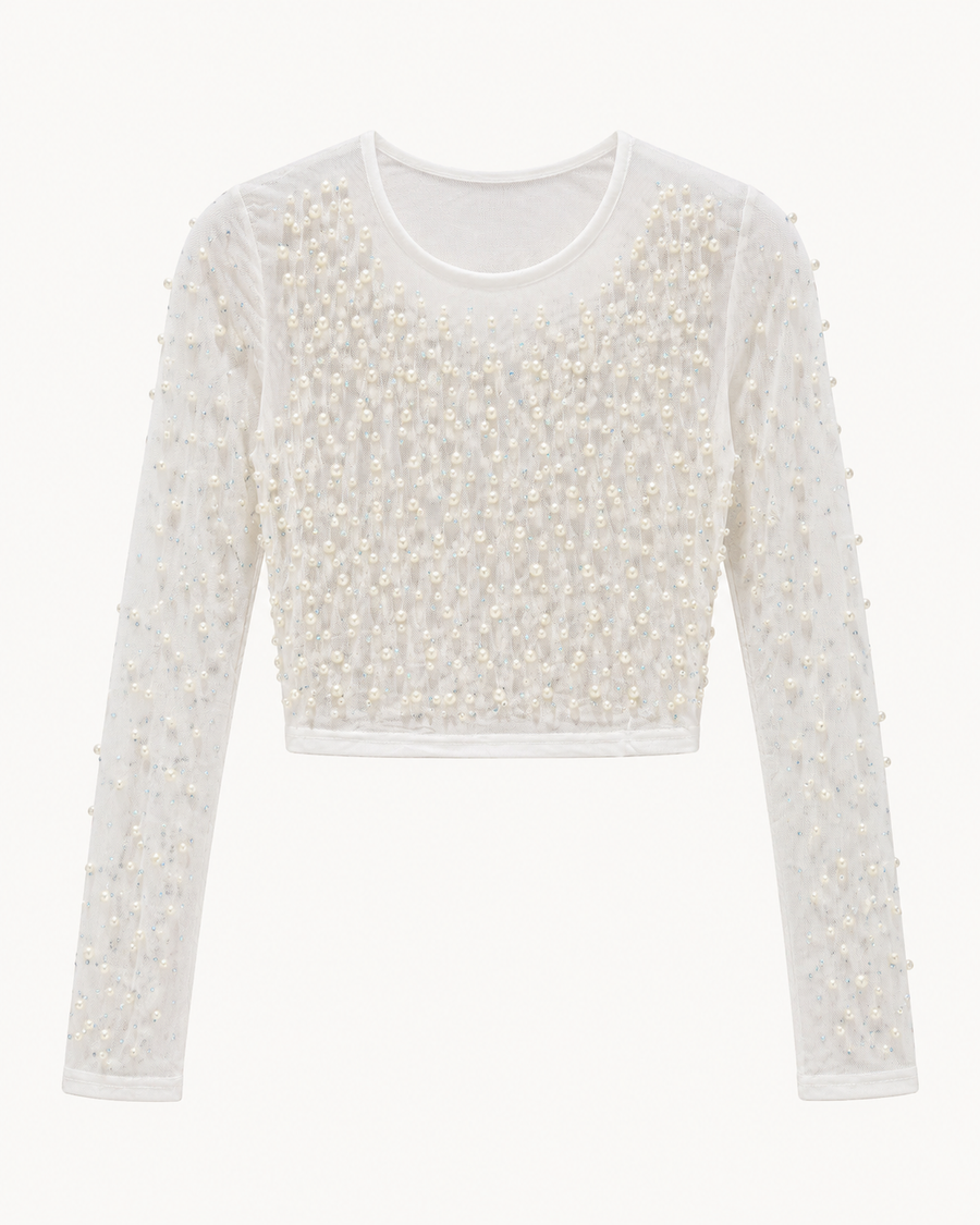Crop-Top "gldELISA" aus Mesh mit Perlendetails