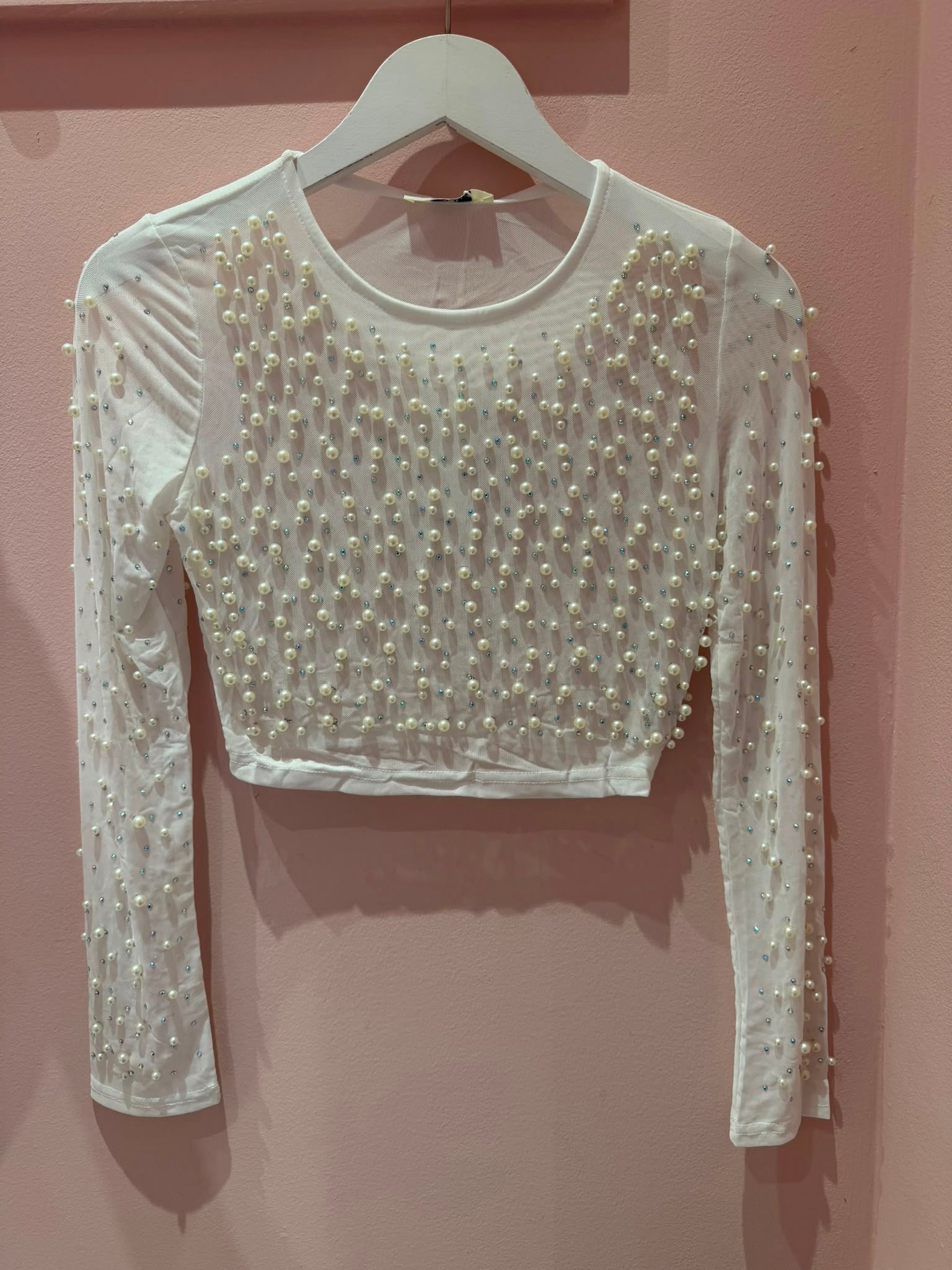Crop-Top "gldELISA" aus Mesh mit Perlendetails