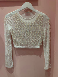 Crop-Top "gldELISA" aus Mesh mit Perlendetails