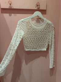 Crop-Top "gldELISA" aus Mesh mit Perlendetails