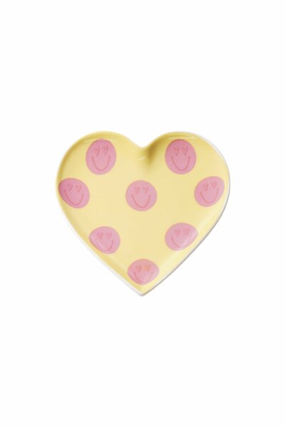 S&uuml;&szlig;er Dekoteller &quot;gldFRILA&quot; gelb mit rosa Smileys in klein