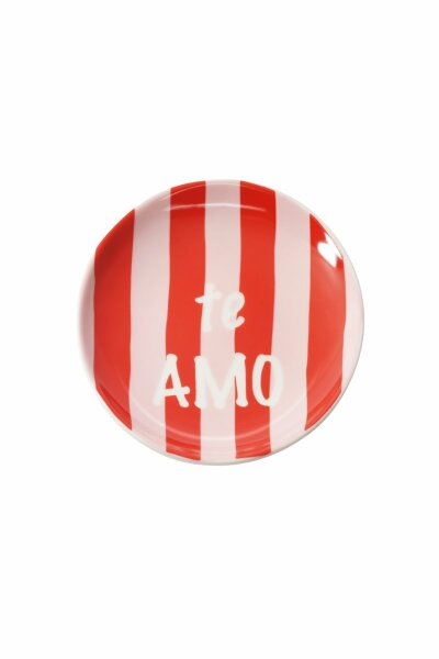 S&uuml;&szlig;er Dekoteller &quot;gldFRILA&quot; mit roten Streifen